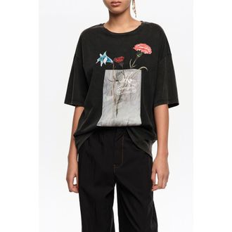 Bimba & Lola Floral Logo T-Shirt in Washed Black at Nordstrom, Size Xx-Small Eu
