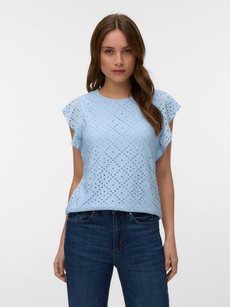 Vero Moda Rundhalsshirt VERO MODA VMTASSA SL FRILL TOP NOOS, Damen, Gr. S, cashmere blau, Jersey, Obermaterial: 95% Polyester, 5% Elasthan, unifarben, loose fit
