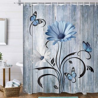 OEM Cortina De Ducha Floral De Estilo R&uacute;stico, Adornada Con Margaritas Azules Y Mariposas, Mide 47 X 64 Pulgadas E Incluye 12 Ganchos, Compatibles Con Bar