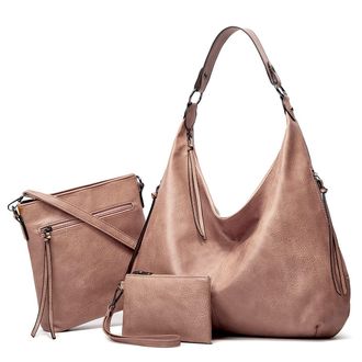 Generic Leather vintage style hobo lightweight handbag for women, zippered tote bag for women. (Pink Three-piece Suit)