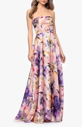 Betsy & Adam Floral Strapless Organza Gown in Blush/Multi at Nordstrom, Size 12