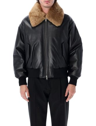 Ami Black Leather Oversized Fur Collar Bomber Jacket