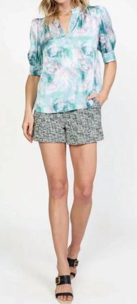 Current Air Abstract Printed Short Sleeve Ruffled Split Neck Blouse In Ocean Multi
