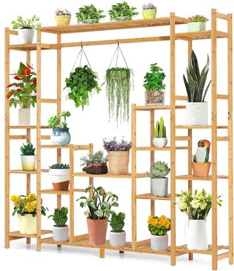 Costway Costway - Soporte De Plantas De Bamb&uacute;, 2 En 1 Estante Colgante Con 9 Niveles, Altura Ajustable, Organizador De Almacenamiento Para Interiores Y Exteri