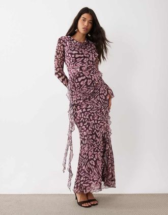 Daska abito lungo in chiffon con scollo ad anello e dettaglio volant in stampa animalier bordeaux-Multicolore