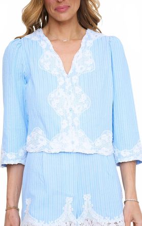 Adelyn Rae Zoey Button Up Lace Trim Top In Blue