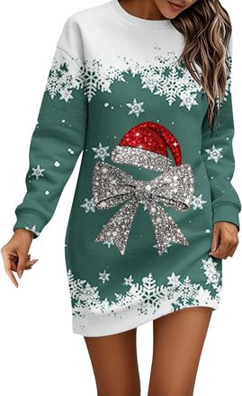 Generic Christmas Dresses for Women Ladies Christmas Dress Long Sleeve Jumper Dress for Women UK Round Neck Xmas Graphic Print Women Dresses Winter Casual Dre