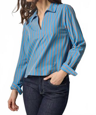 Lilla P Striped Split Neck Collared Shirt In Cocoa/lapis Stripe