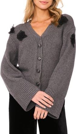 Ted Baker Mesh Floral Appliqu&eacute; Cardigan in Medium Heather Grey at Nordstrom Rack, Size X-Large