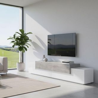 Dmora Dmora - Mueble Para Tv Para Sal&oacute;n, Made In Italy, Mueble Para Tv Con 3 Puertas Y Estantes, 240x45h52 Cm, Blanco Brillante Y Color Cemento, Con Embalaj