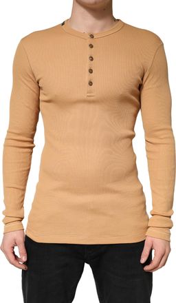 Dolce & Gabbana Camel Ribbed Cotton Long Sleeve Henley Mens Sweater