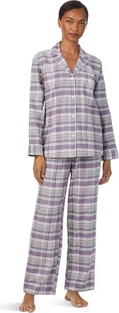 Lauren Ralph Lauren Woven Long Sleeve Notch Collar Long Pant Pajama Set Womens Pajama Sets Purple Plaid : XL (US 16-18), Cotton/Viscose