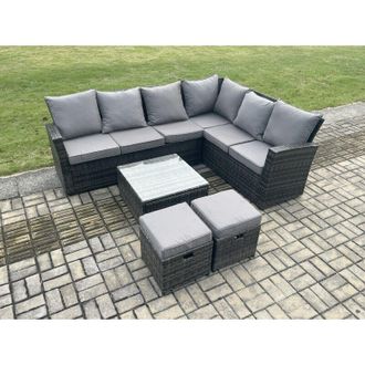 Fimous Rattan Garden Furniture Set Outdoor Lounge Corner Sofa Set With Square Coffee Table 2 Small Footstools 8 Seater Dark Grey Mixed - Fimous