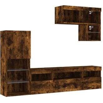vidaXL Muebles Tv Pared Con Led 6 Pzas Madera Ingenier&iacute;a Roble Ahumado Vidaxl