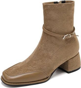 Generic Womens Fashion Square Toe Faux Suede Ankle Boots Block Heels Buckle Detail Comfortable Anti-Slip Wear Resistant For Office Daily Commute Casual,Aprico