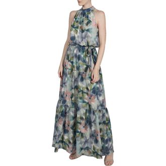 Julia Jordan Watercolor Floral Crinkle Maxi Dress in Green Mult at Nordstrom Rack, Size 10