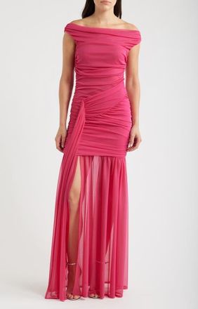 Black Halo Amara Ruched Off the Shoulder Mesh Gown in Cerise at Nordstrom, Size 12