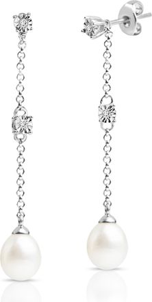 MAX + STONE 925 Sterling Silver 2 in 1 Freshwater Pearl and Diamond Drop Dangle Earrings