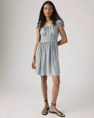 Levi's Yara Crepe Mini Dress Womens Blue Floral Ruched Ruffle Sleeve PAL135