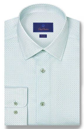 David Donahue Trim Fit Geometric Print Cotton Dobby Dress Shirt in White/Pistachio at Nordstrom, Size 17.5 - 36
