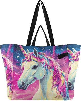 Generic Pink Unicorn Stars pattern Reusable Canvas Tote Bag, Heavy Duty Grocery Shopping Bag with Hard Bottom Large Capacity Double Handles Work Groceries Tra