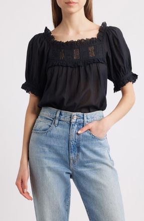 D&ocirc;en Frances Lace Inset Cotton Blend Top in Black at Nordstrom, Size Small