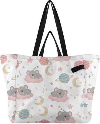 Generic Koala Moon Star White print Reusable Canvas Tote Bag, Heavy Duty Grocery Shopping Bag with Large Capacity Double Handles Hard Bottom Work Groceries Tr