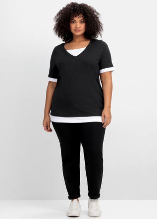 Sheego 2-in-1-Shirt SHEEGO 2-in-1-Shirt, Damen, Gr. 44/46, schwarz-weiss (schwarz, wei&szlig;), 60% Baumwolle, 40% Polyester, gemustert, mehrfarbig, Rundhals, Shir