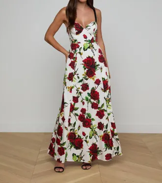 L'agence Sutton Beaded Strap Gown In White/red Romantic Rose
