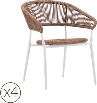 Kerama Pack de 4 sillas de jardin de aluminio blanco y cuerda marr&oacute;n