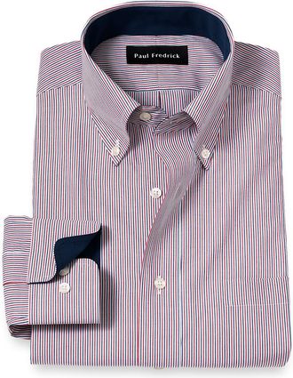 Paul Fredrick Tailored Fit Non-iron Cotton Stripe Dress Shirt With Contrast Trim