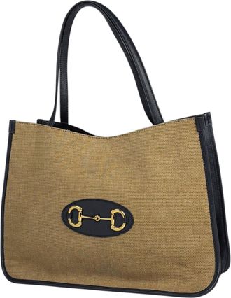Gucci Beige Navy Canvas Leather Shoulder Bag Tote Bag (Pre-Owned)