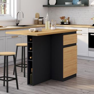 IDMarket Tino Isla Central De 120 Cm Con Botellero, Capacidad Para 4 Personas, Madera Negra Con Encimera Efecto Haya