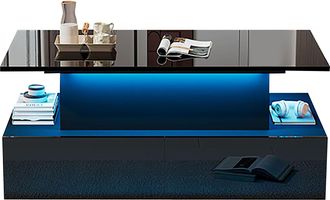 STILVORA Mesa De Centro Con 4 Cajones Y Led Usb, Tablero Superior Deslizante Extra&iacute;ble, Negro Brillo Moderno, En Tablero De Part&iacute;culas, 90&times;55&times;41 Cm, Negro