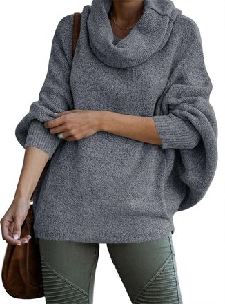Generic Womens Cowl Neck Pullover Sweaters with Pockets Fall Fashion Pullover Loose Long Sleeve Casual Sweater (Grey,L)
