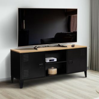 IDMarket Idmarket - Ester Mueble De Tv De 2 Puertas De Metal Negro Con Tapa De Madera Industrial 113 Cm
