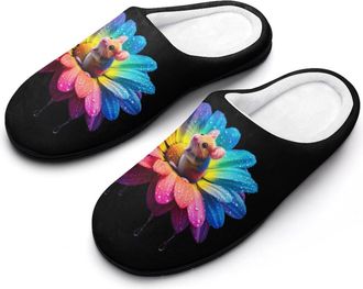 Generic Colorful Rat Daisy Flower Womens Slippers Warm House Slippers Indoor House Shoes with Anti-Skid Rubber Sole