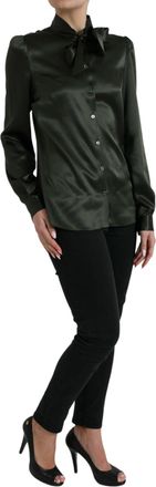Dolce & Gabbana Womens Gray Long Sleeves Ascot Collar Blouse Top Dark Silk
