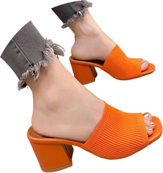 Generic 2026 Women Slippers Womens Knit Fashion Square Toe High Heel Slide Sandals Comfortable Casual Shoes for Ladies (Orange, 6.5)