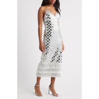 Saylor Suni Sequin Fringe Cocktail Dress in Platinum at Nordstrom Rack, Size Small