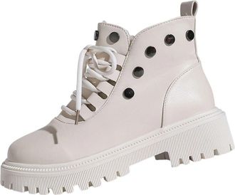 Generic Winter Boots for Women Faux Fur Lined Biker Booties Stylish Retro Flat Low Heel Side Zipper Comfortable Warm Lace Up Ankle Boots for Cold Weather