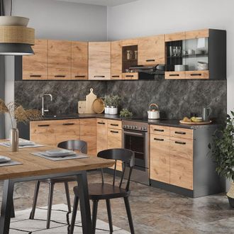 Vicco Cocina Esquinera Rick, Antracita/roble Dorado, 267 X 167 Cm, Et Negro Estampado Con Tira De Led