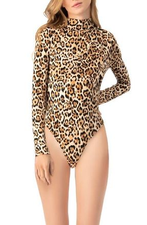 Ivonne Long Sleeve Animal Print Bodysuit in Beige at Nordstrom, Size Medium