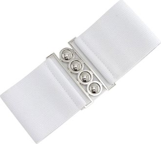 Generic Womens Vintage Boho Style Straw Woven Elastic Belt With Silver Buckle & Clasp, 1.9 Inch Width, 30-45 Inch Waist Size, Black, Khaki, Beige, Stripe