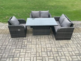 Fimous Wicker PE Rattan Furniture Garden Dining Set Outdoor Height Adjustable Rising lifting Table With Reclining Chair in Dark Grey