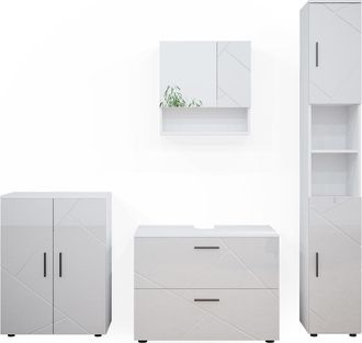 Vicco Conjunto De Muebles De Ba&ntilde;o Irma, Blanco Alto Brillo, 4 Piezas, Con Cajonera Y Mueble Alto, Vicco