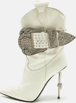 Philipp Plein Philipp Plein White Patent Leather Crystal Embellished Cow Boots
