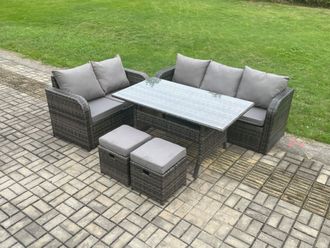Fimous Outdoor Garden Patio Furniture Wicker Rattan Oblong Rectangular Dining Table & Lounge Sofa set with 2 Small Footstools Dark Grey Mixed