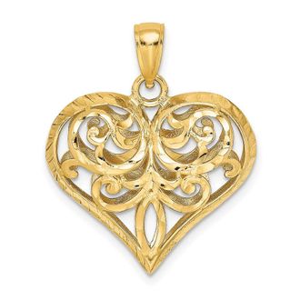 Diamond2Deal 14k Yellow Gold 3-D Diamond-cut Filigree Puffed Heart Charm