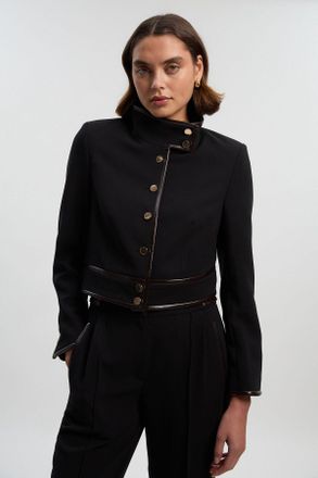 Karen Millen Womens Compact Stretch Pu Mix Tailored Belted Jacket - Black - Size 16 UK